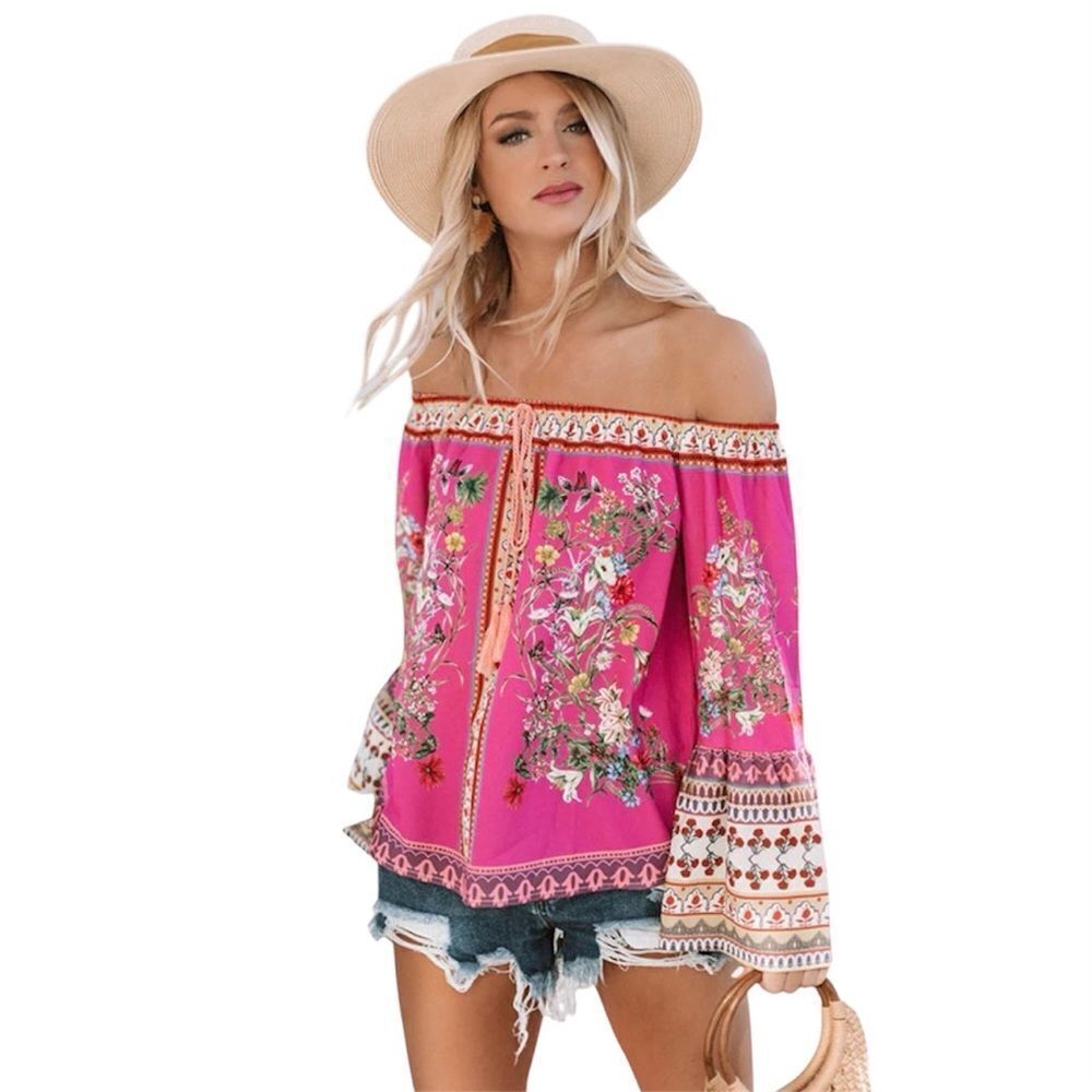 Umgee Boho Off Shoulder Paisley Floral Blouse Long Bell Sleeves